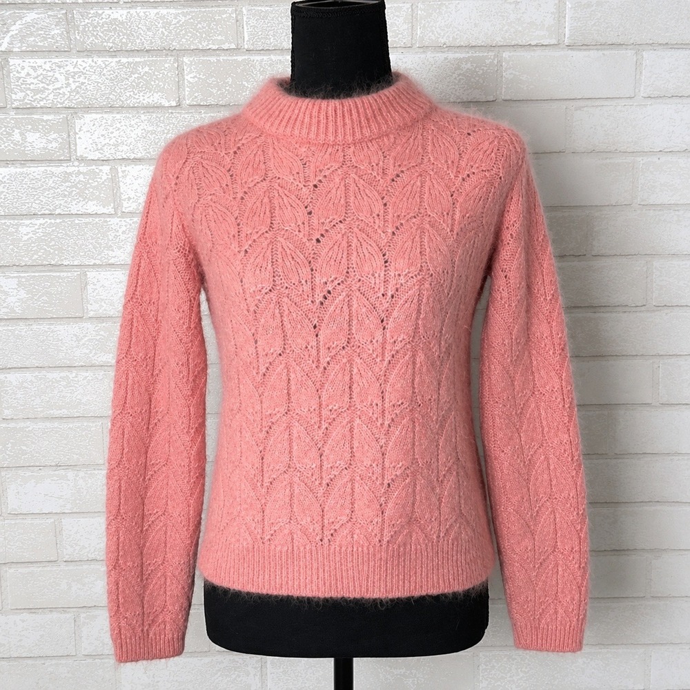 Nordstrom Womens Pink‎ Mohair Silk Pointelle Knit Sweater Small Boxy Fuzzy Cozy